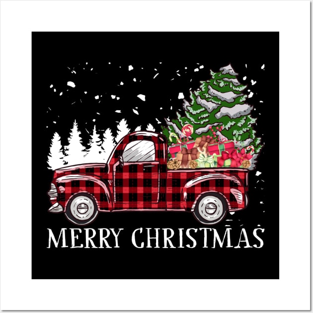 Merry Christmas Truck Tree Red Buffalo Plaid Xmas Pajamas Wall Art by Happy Shirt